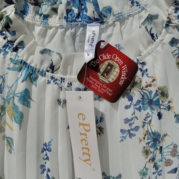 Floral Pleated Chiffon Dress Blue Puff Sleeve Sz Large by ePretty - Picture 7 of 9